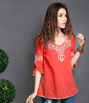 2016民族风女装 夏季新款中国风复古绣花圆领七分短袖女衬衣 衬衫