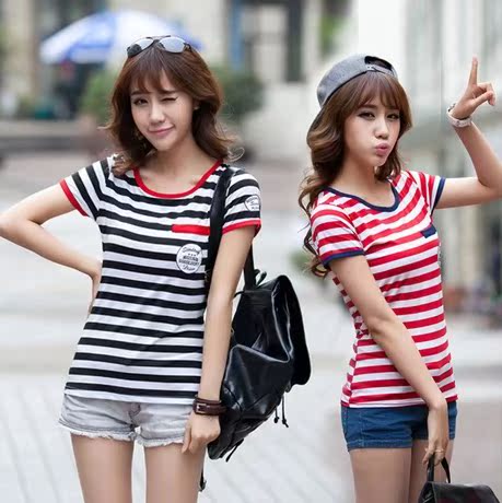 2015韩版新款女上衣 弹性条纹打底衫显瘦夏装短袖圆领t恤 包邮