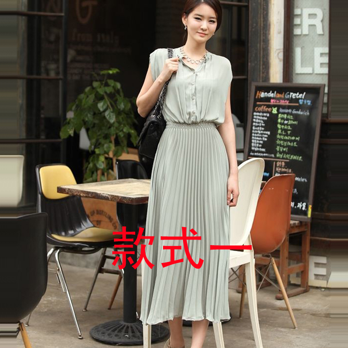 2015夏季夏装新款 韩版女装纯色雪纺背心裙 连衣裙 沙滩长裙