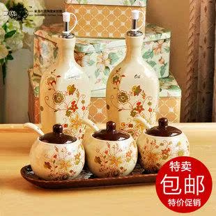 江浙沪包邮 调味罐陶瓷 油壶酱油瓶 调料瓶五件套装 送底盘勺