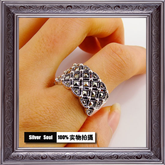 泰国进口925纯银宽版中指食指拇指大板戒小方格复古女戒泰银戒指