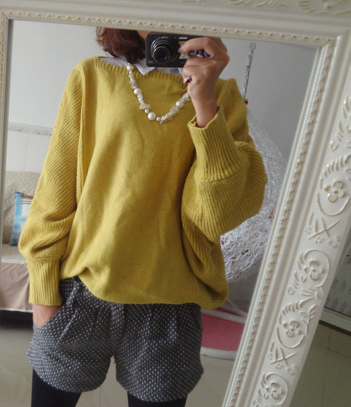 2015秋冬时尚蝙蝠一字领毛衣 黄色短款蝙蝠衫 针织衫