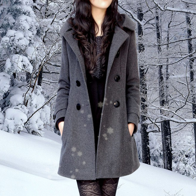 2015新款冬季韩版连帽中长款保暖女毛呢外套 双排扣呢子大衣包邮