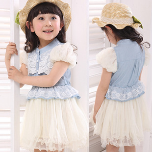 2015新款夏装短袖蕾丝连衣裙儿童装 女童宝宝公主裙 蓝色123岁