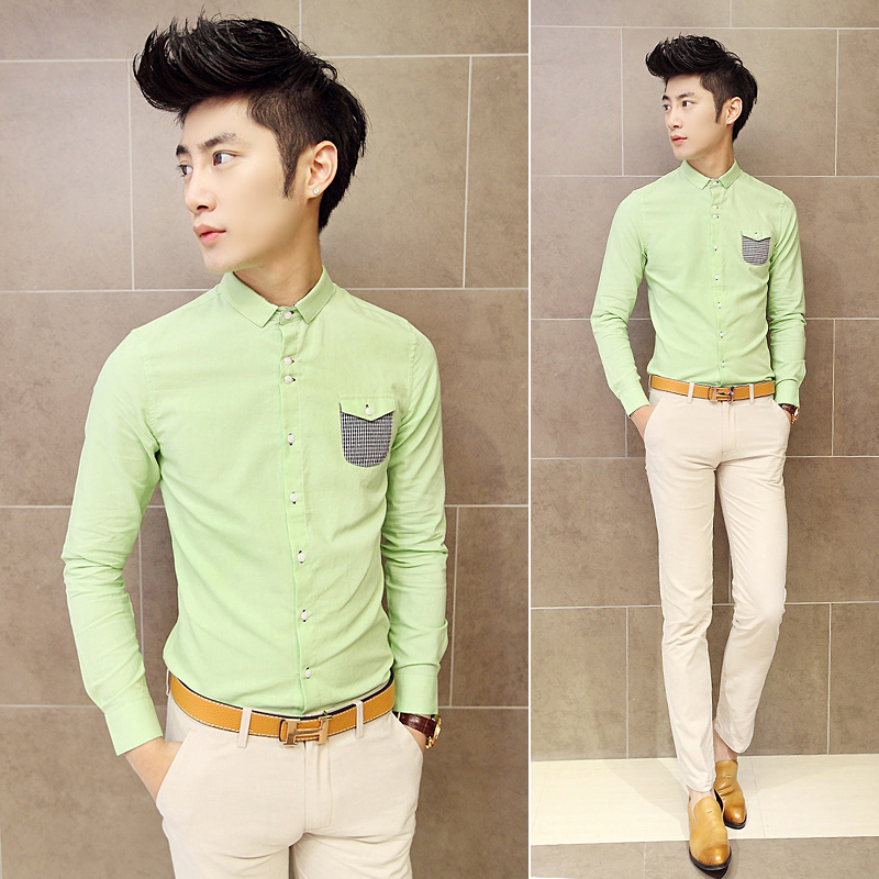 春秋夏季男装新款 格子拼接口袋韩版男士修身长袖衬衫 浅绿色