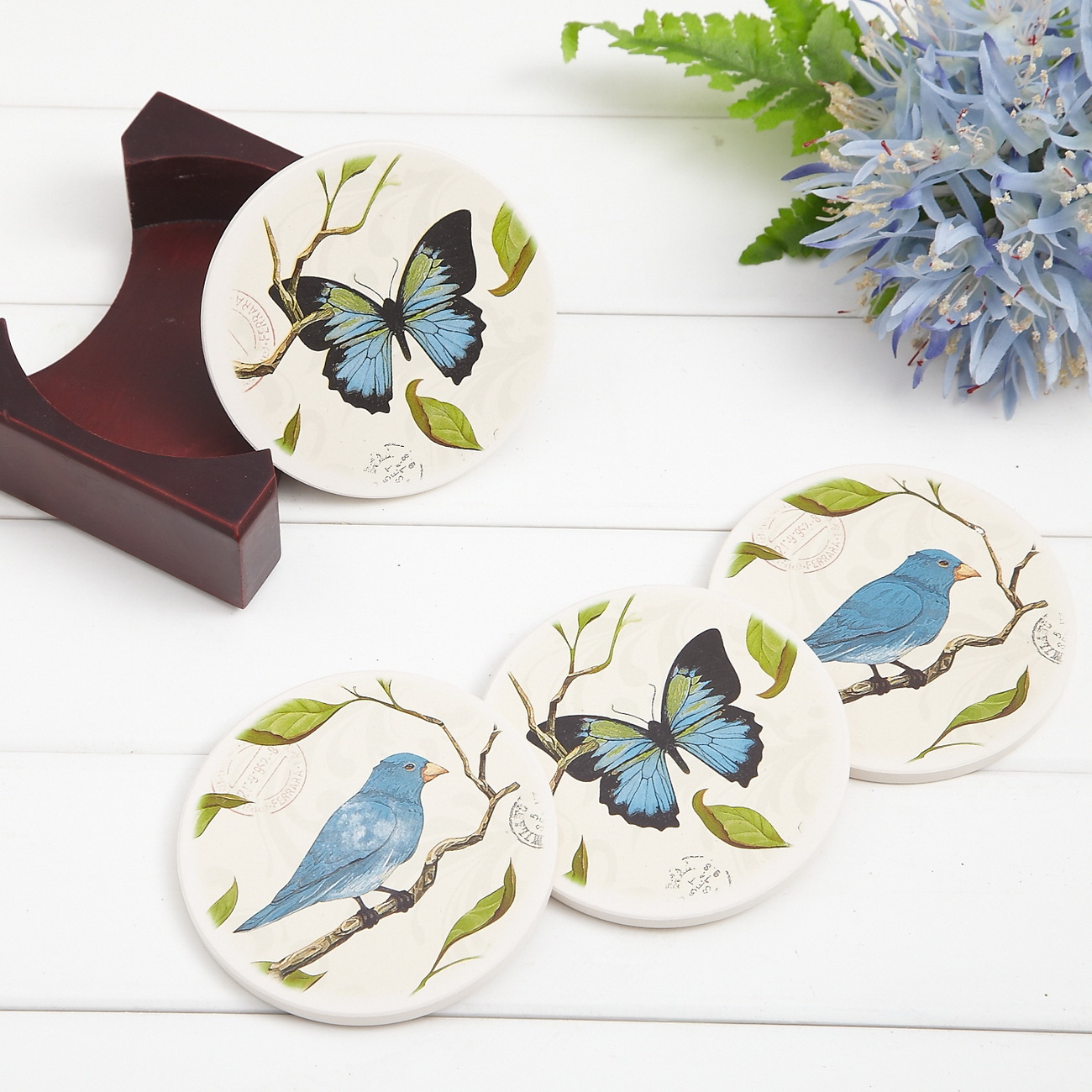 可可家2015新品欧式创意陶瓷吸水杯垫4件套送收纳木架格林
