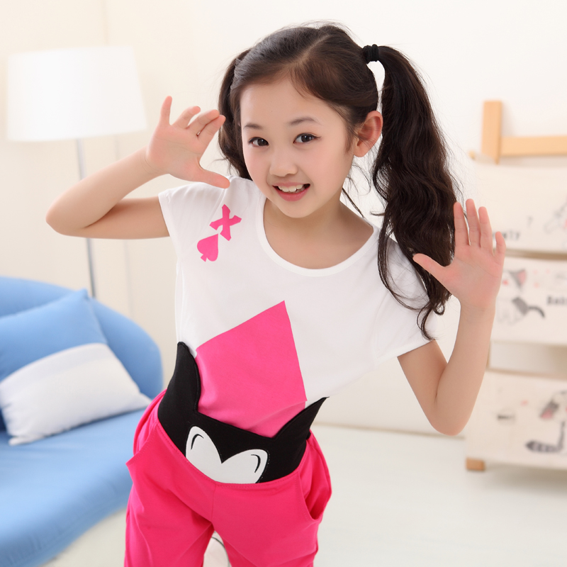 2014夏季新款韩版女童全棉潮流红桃k桃心短袖T恤套装甜美时尚童装