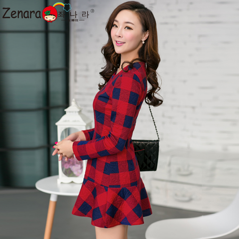 左娜拉2015春秋新款 韩版长袖修身显瘦红格子打底连衣裙女