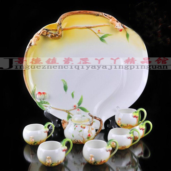 景德镇陶瓷茶具 珐琅瓷 8头 金猴献寿茶具 法兰瓷