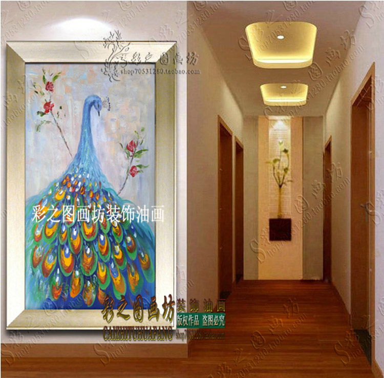 油画纯手绘抽象现代客厅竖幅立体玄关装饰画走廊壁画彩色孔雀画