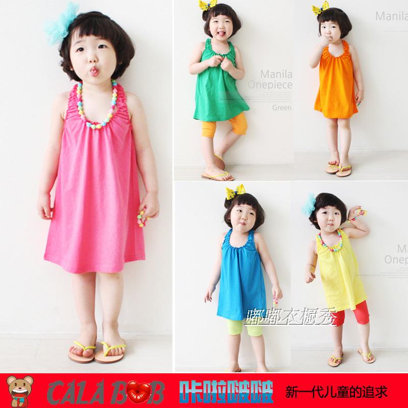 夏装新款女童吊带连衣裙韩版儿童沙滩裙背心裙粉色绿色蓝色黄色