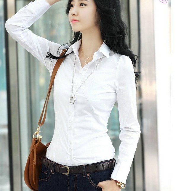 新款长袖韩版修身春夏女纯色白衬衫涤棉宽松大码打底职业工作衬衣