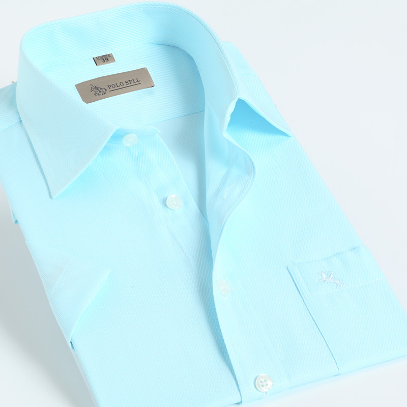 保罗14夏季新款男士短袖商务职业正装衬衫天蓝色斜纹半袖工装衬衣