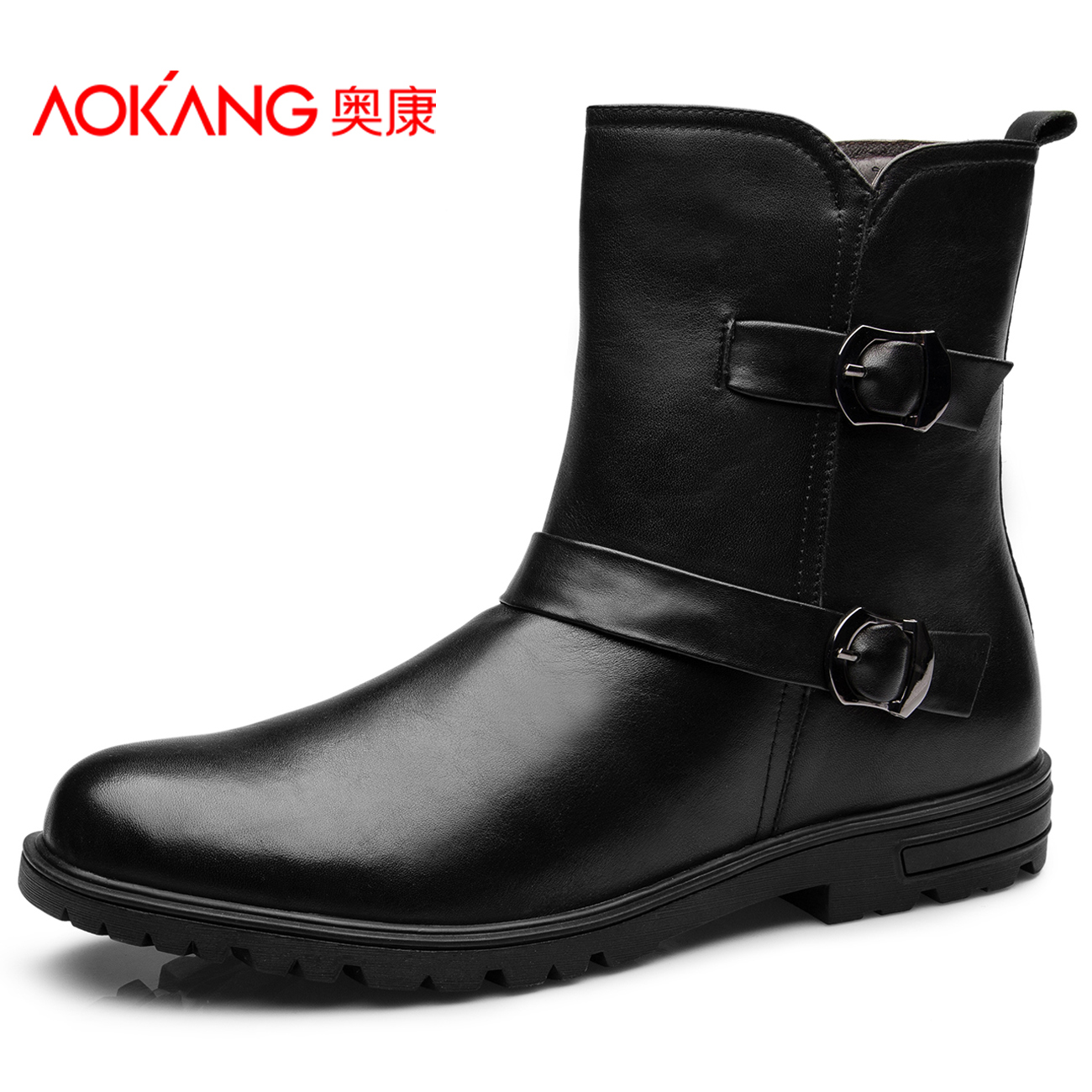 Aokang奥康冬季男鞋男士保暖拉链棉鞋圆头新款青年加绒短筒靴子
