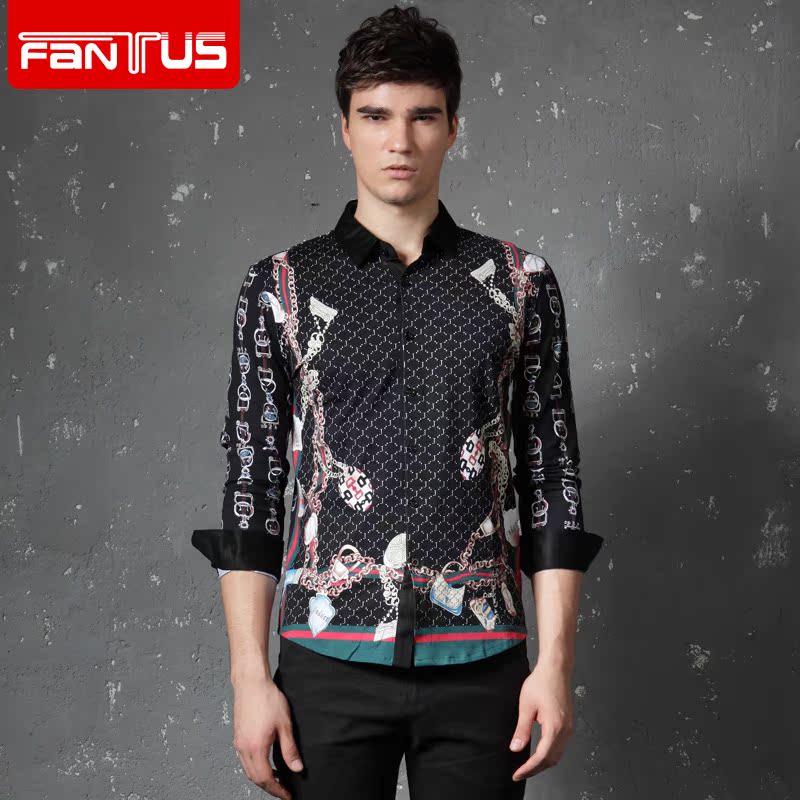 FaNTUS梵图思2015春季欧美新款花衬衫男长袖时尚修身衬衣潮流男装