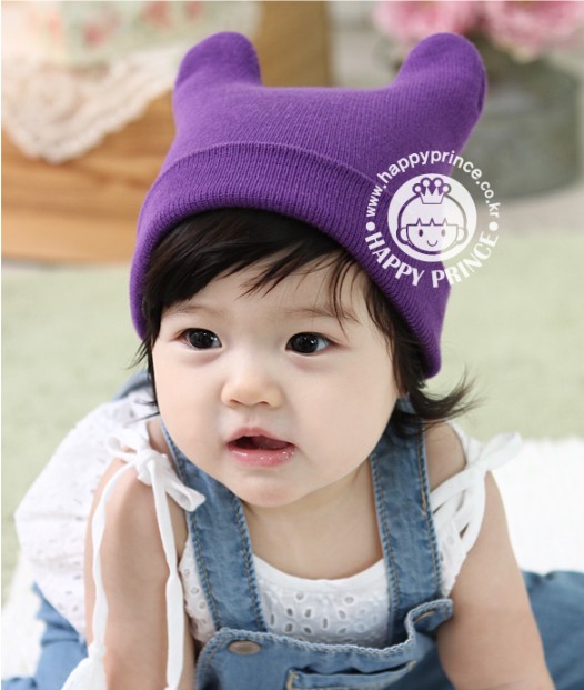 A015 韩国新款 韩版 单色 小羊角针织套头帽 儿童帽婴儿帽40g