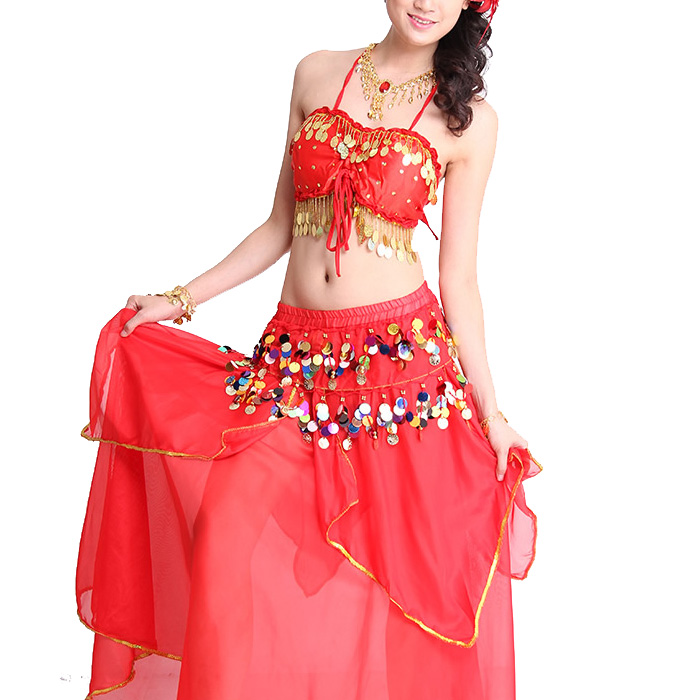 春季新款肚皮舞分体表演出服 亮片文胸镶边彩带长裙印度舞套装