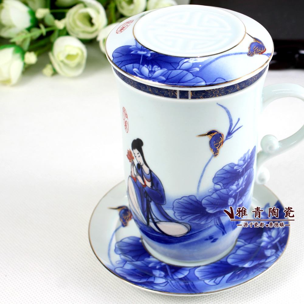 茶杯 骨瓷带盖 景德镇陶瓷水杯四件套 过滤杯子 青花瓷茶杯女士杯