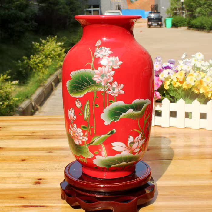 景德镇陶瓷装饰摆件 中国红荷叶花瓶冬瓜花瓶 新房喜庆家居工艺品