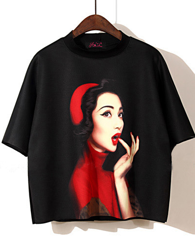2015夏季新款韩版复古气质女人头像印花宽松蝙蝠短袖短款T恤 女