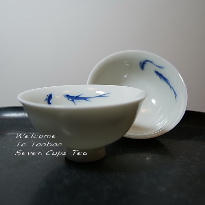 台湾【风清堂】青白瓷 手绘青花/鱼戏茶碗 茶杯/品茗杯