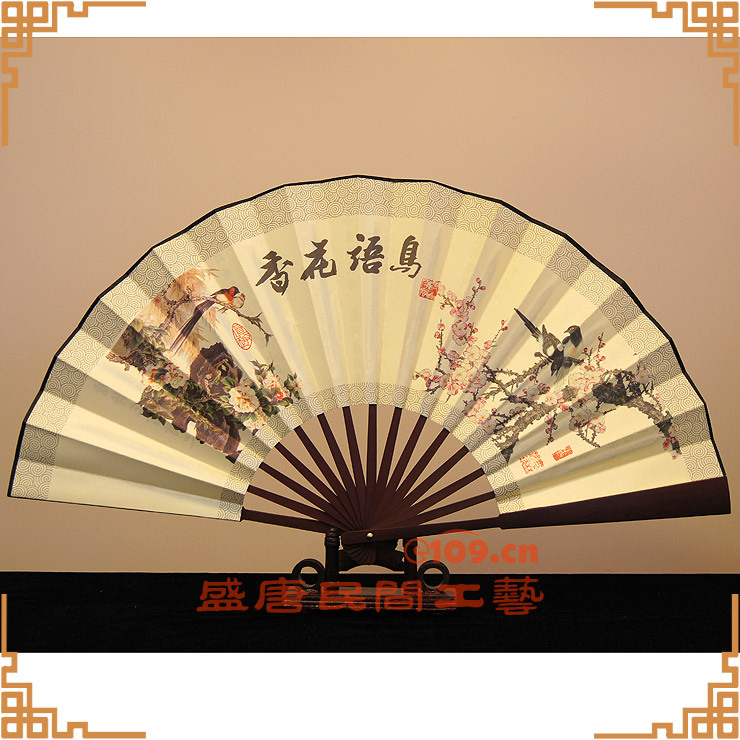 中国文化礼品工艺扇子 绢面折扇 鸟语花香 双面印花 出国外事礼品