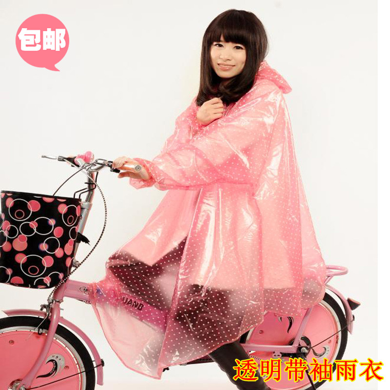 新款包邮 日韩时尚透明水晶 可爱点点单人加大电动车带袖雨衣雨披