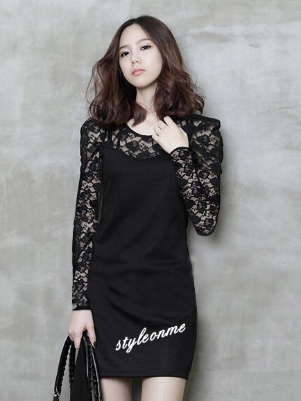 韩版 时尚 显瘦 弹力修身 黑色蕾丝连衣裙