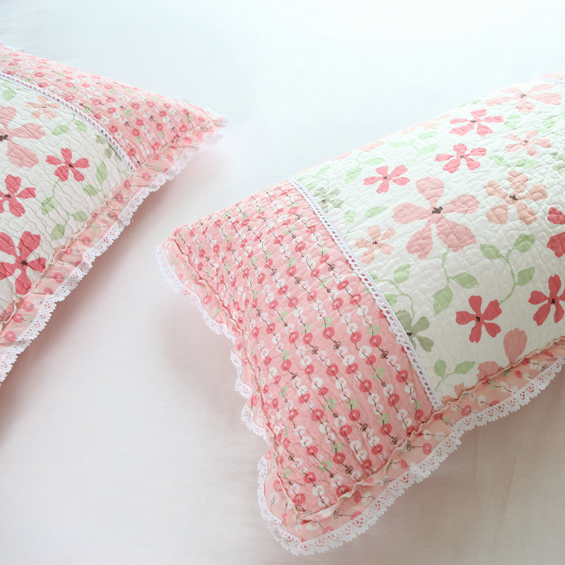 茄皮佬枕头套纯棉韩式风格枕套一对47x72 精致绗缝绣花田园碎花
