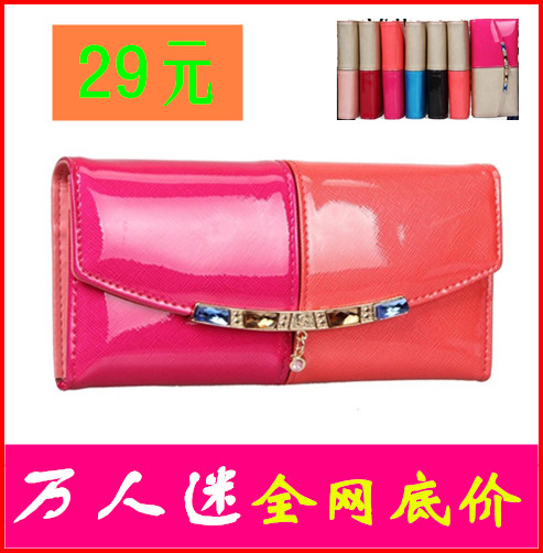 2014新款韩版长款女式钱包撞色镶钻钱夹可爱糖果手拿包时尚手机包