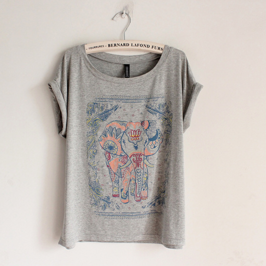 2014夏季新款彩色印花大象图案时尚卷边 短袖T恤