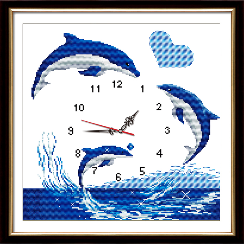 印花十字绣钟表海豚恋人卡通客厅卧室书房新款简单小幅动物系列画