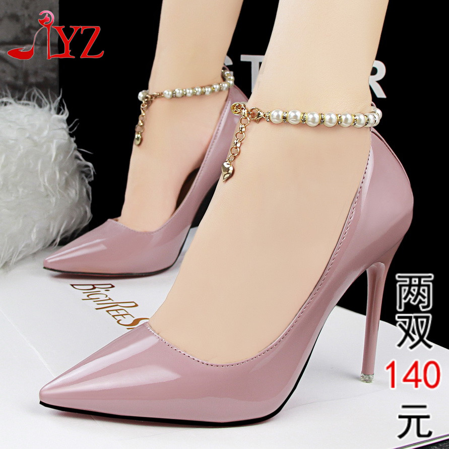 韩版品牌商务气质女鞋细跟10.5cm高跟浅口尖头珍珠水钻一字带单鞋
