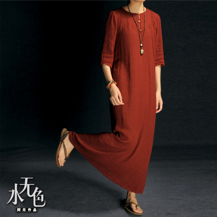 X241阿元原创设计2015夏季新款棉麻连衣裙女装文艺中袖亚麻长裙Z