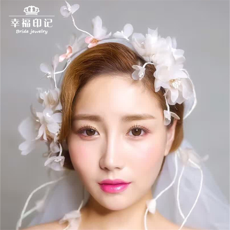 韩式新娘淡粉色绢纱头花发带头饰带头纱发饰花环婚纱礼服配饰品