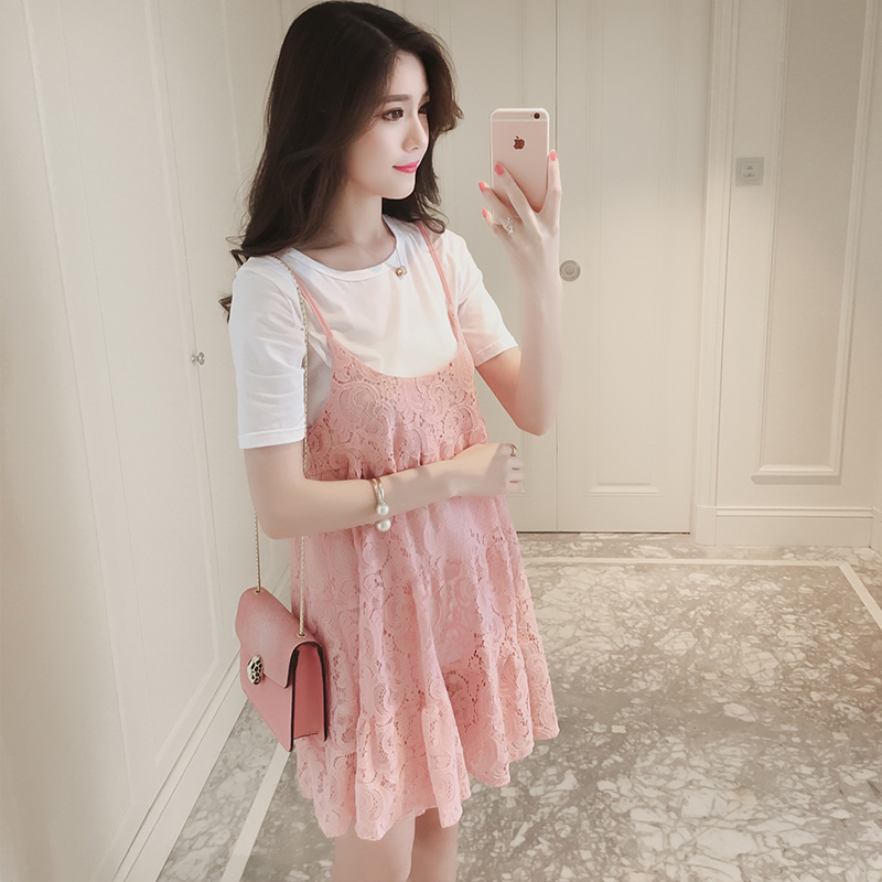韩版夏季短袖T恤镂空钩花蕾丝孕妇装中长款吊带孕妇连衣裙两件套