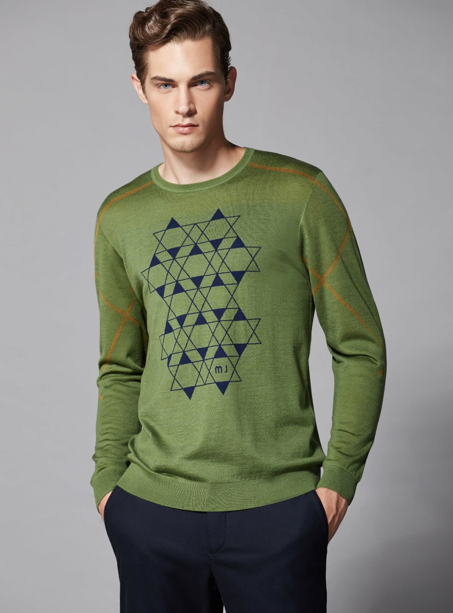 蒙蒂埃莫2016新款新潮元素几何图案提花圆领套头毛衣