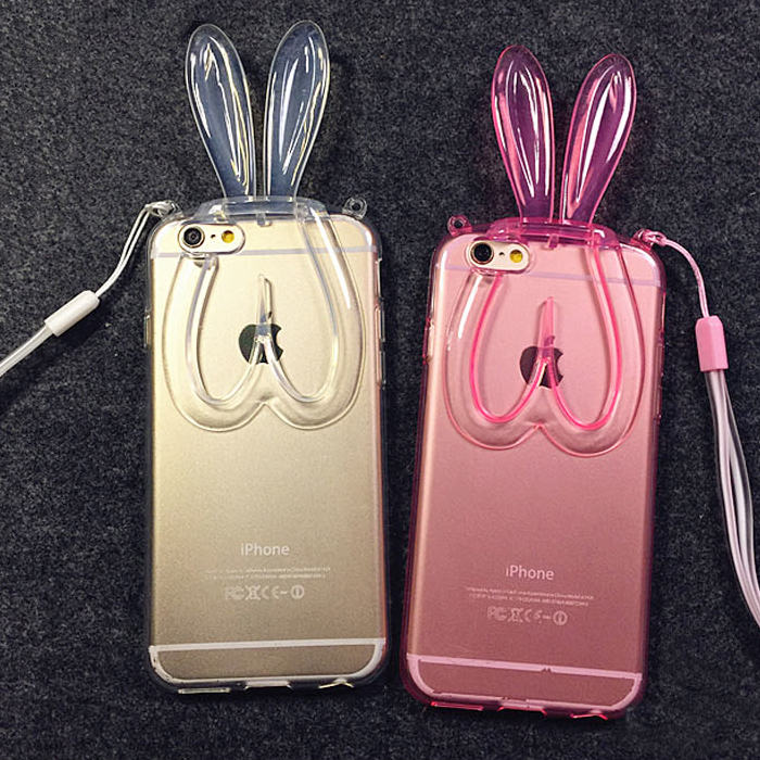 兔子耳朵支架 iphone6手机壳 苹果5s水晶带挂绳6Plus 硅胶保护套