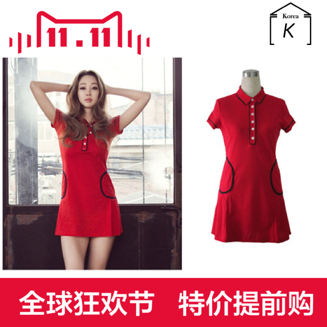 2015夏季新款韩版少女时代孝渊崔汝珍同款红色镶边修身短袖连衣裙