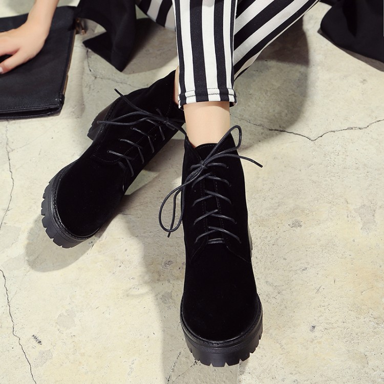 2015秋冬季新款马丁靴女黑色欧美风系带方跟短靴中跟圆头女靴大码