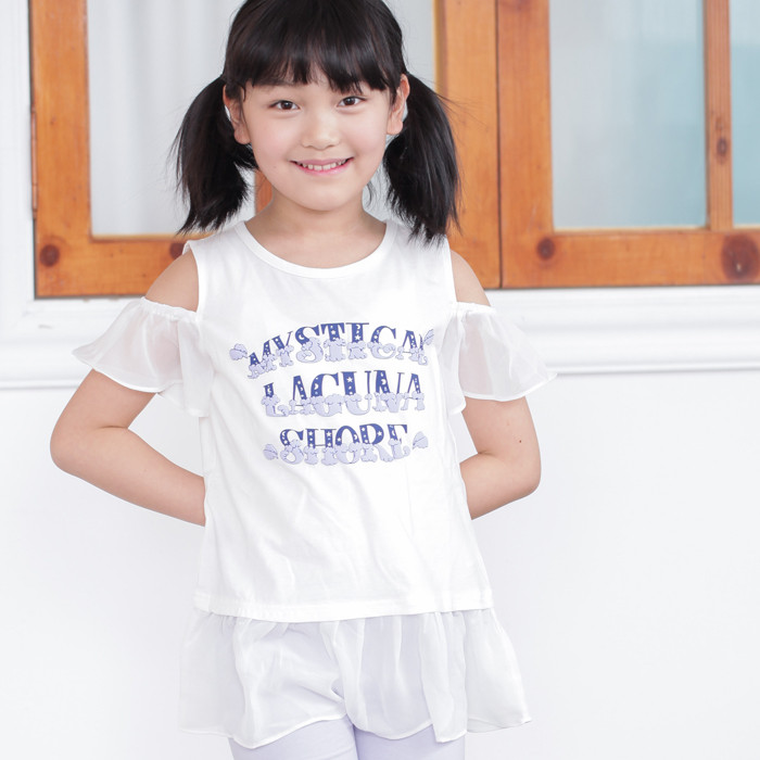 韩国进口代购童装女童中大童漏肩长款圆领短袖t恤上衣大童女夏装