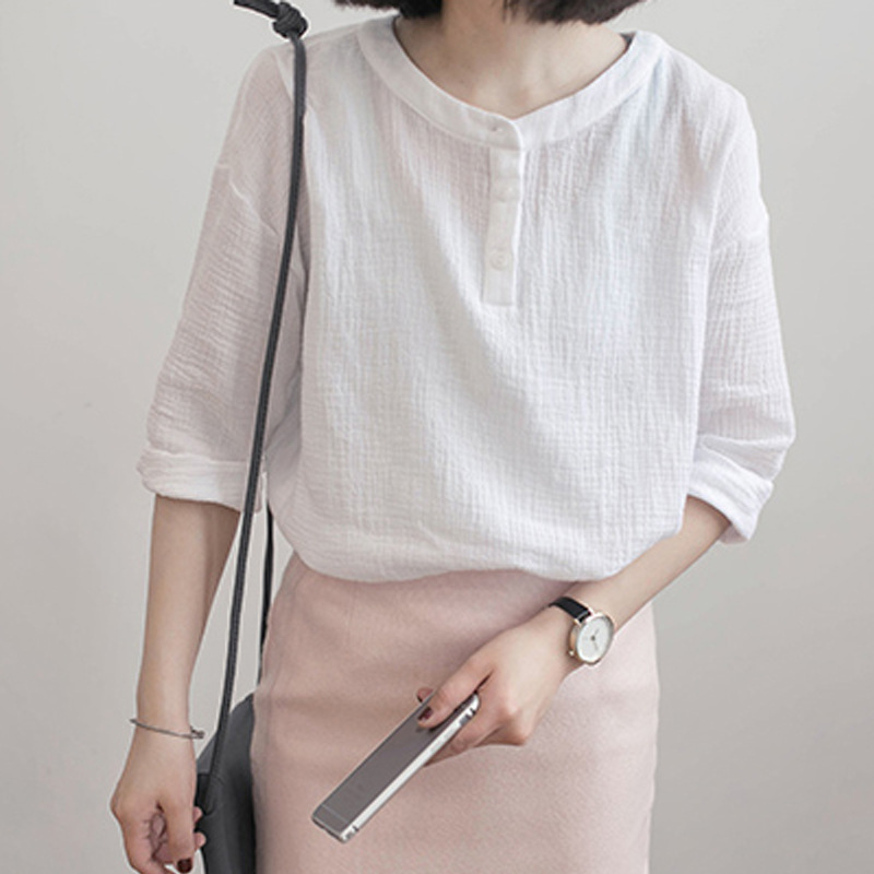 2015春夏新款韩国棉麻套头七分袖白女圆领衬衫