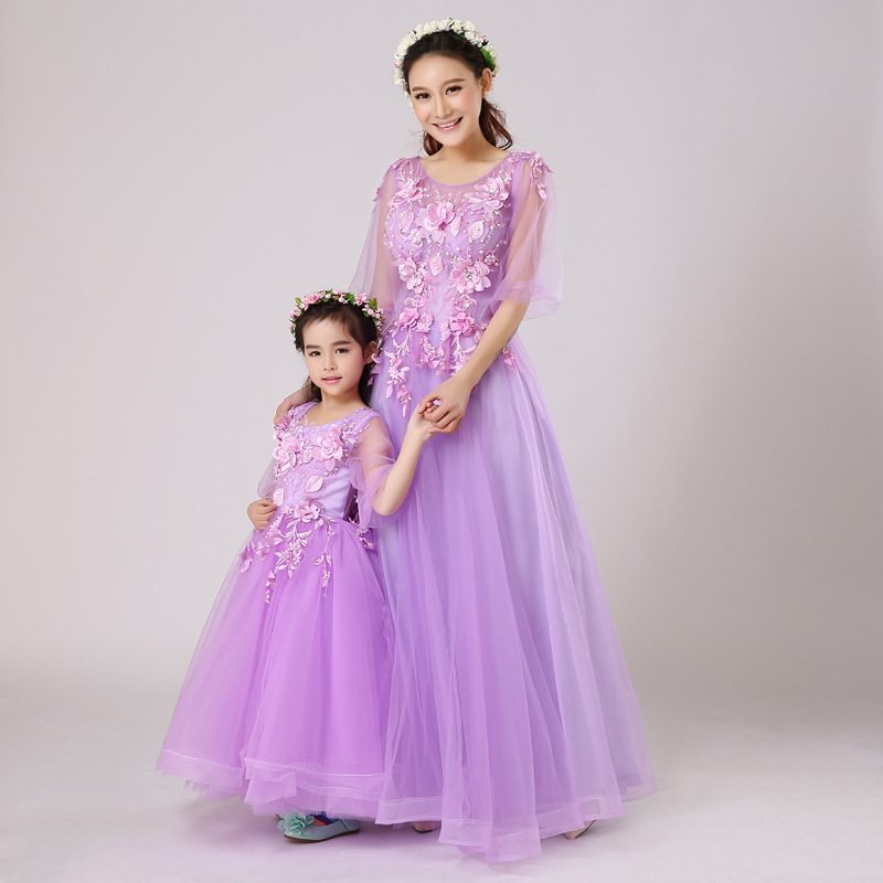 2017夏紫色花仙子儿童礼服母女装长款演出服蓬蓬裙女童亲子装新款