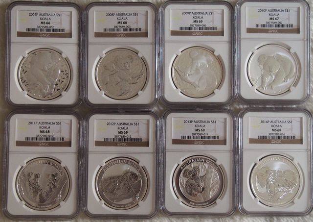 四钻 2007-2014年澳大利亚考拉银币 1盎司 树袋熊 NGC评级 大全套