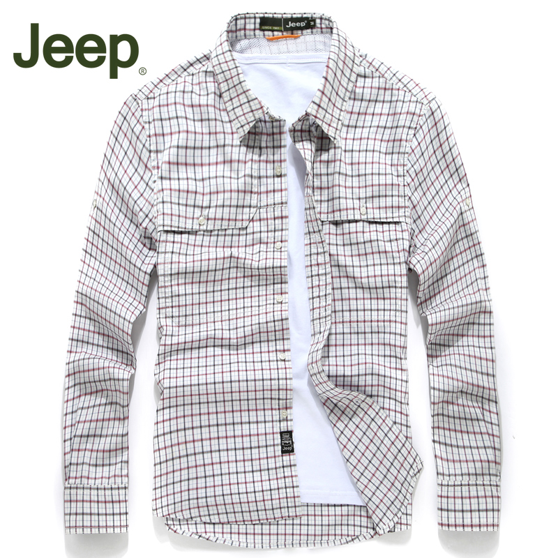 夏季专柜JEEP吉普长袖衬衫休闲加肥加大速干衬衣免烫格子纯棉衬衫