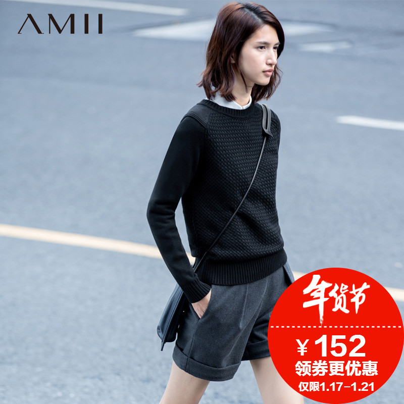 Amii旗舰店2015秋冬装新款艾米纯棉修身大码短款套头毛衣女针织衫