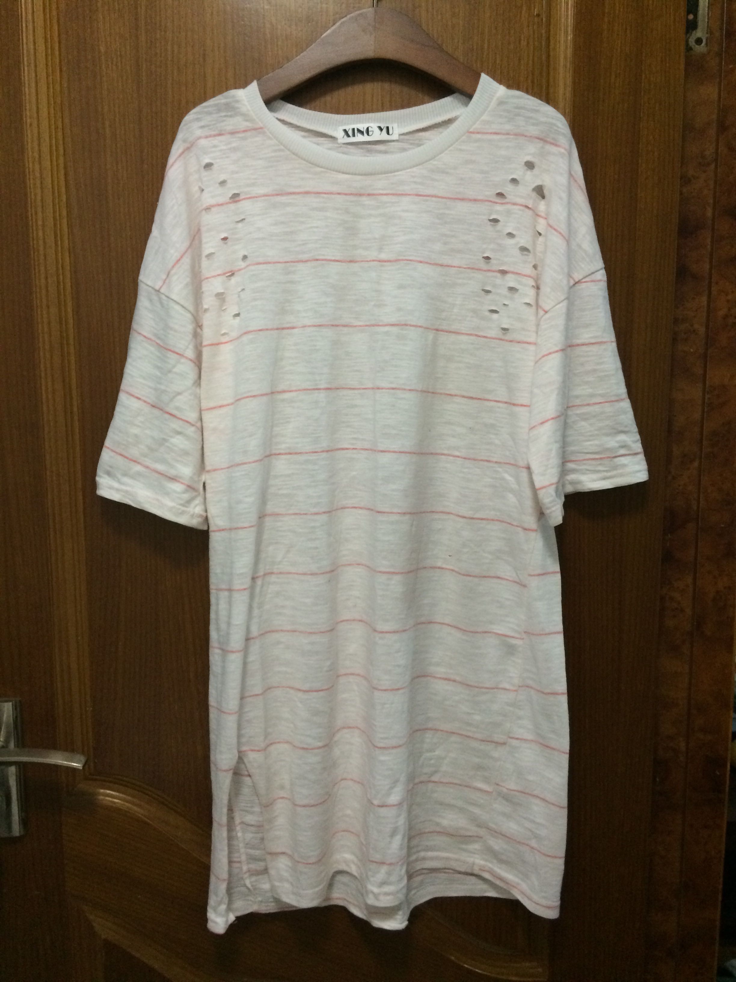 2015新品短袖竹节棉长款T恤条纹开叉连衣裙包邮