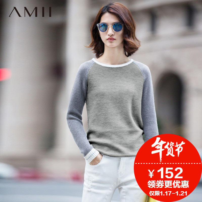 Amii极简女装2015冬装新款艾米圆领撞色修身短款套头毛衣女针织衫