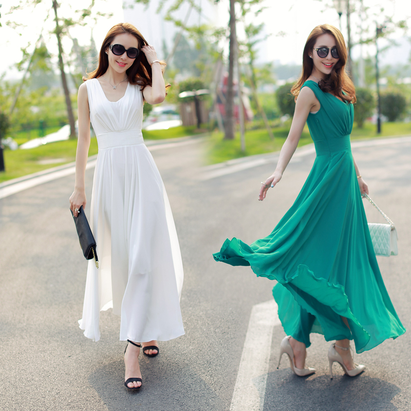 夏季新款女裙韩版纯色无袖长裙修身气质V领性感潮流女连衣裙包邮