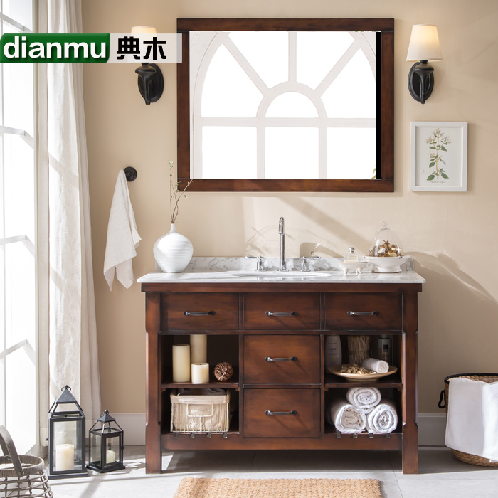 典木复古实木落地美式乡村浴室柜组合 橡木洗簌台理石洗手台盆柜